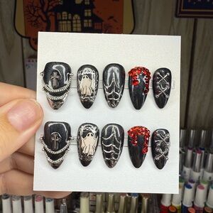 Spooky Black and Silver Press-On Nails with Red Details